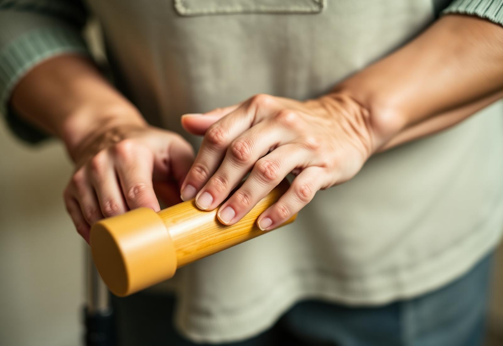 Elderly hands resting on a wooden walker handle